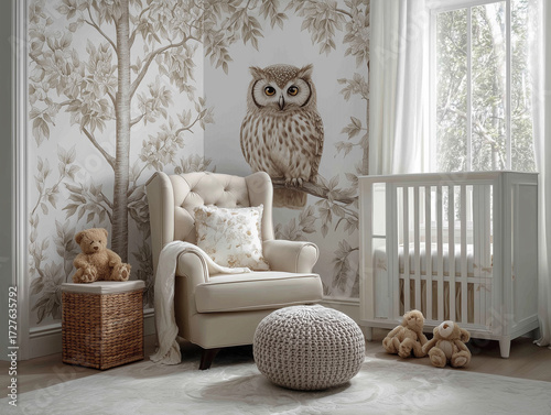 Przytulny, jasny pokój dziecięcy z motywem leśnym. Dominują beże i biele. Duża sowa na tapecie nad fotelem, obok białe łóżeczko i puf.