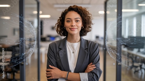 Female tech leader portrait — mixed-race CEO/CTO, confident in gray blazer, modern office with blue AI wireframe, horizontal hero image with copy space