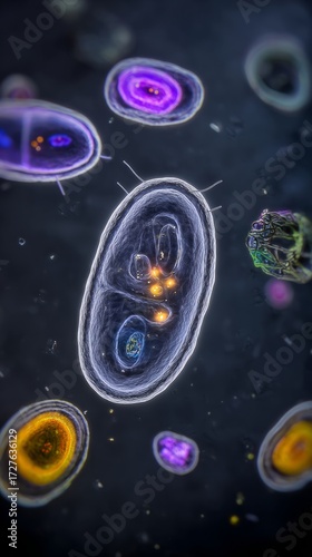 Microscopic dreamlike view inside a cell, with mitochondria as tiny glowing power plants recharging at night.
