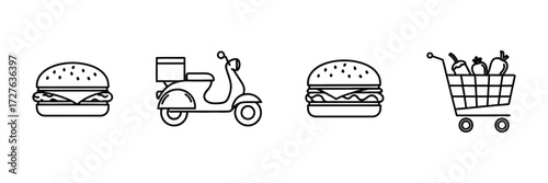 Order delicious burgers with fast delivery and fresh ingredients in a shopping cart, showcasing convenient food services and grocery options for a modern lifestyle