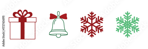 Festive Christmas icons featuring a gift, holiday bell, and snowflakes, perfect for adding a touch of seasonal joy to your holiday designs and marketing materials