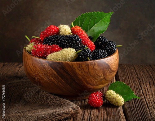 Wooden bowl brimming with red, black, and white mulberries, accented by leaves, rests on rustic wood