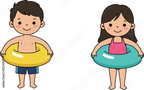 Cute children wearing swim rings illustration of boy and girl, summer holiday cartoon vector art for beach, pool, water fun design