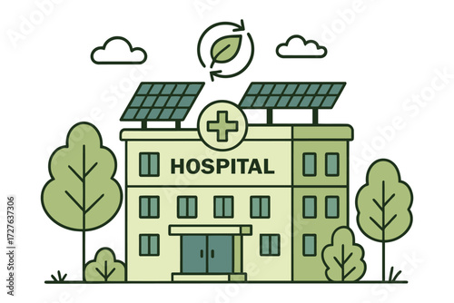 Eco friendly hospital building with solar panels and green energy symbol