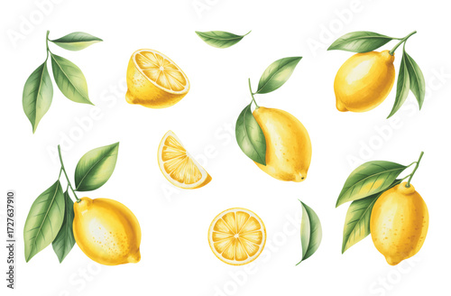 Watercolor lemon branch with green leaves and whole ripe fruit. Fresh yellow lemon and juicy citrus slices in watercolor style.