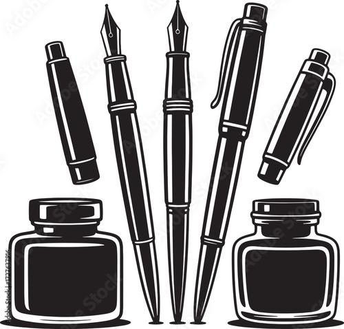 Black and white illustration of fountain pens and ink bottles writing stationery