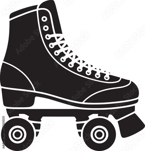 Black and white silhouette of a quad roller skate with laces and wheels quad skate vintage