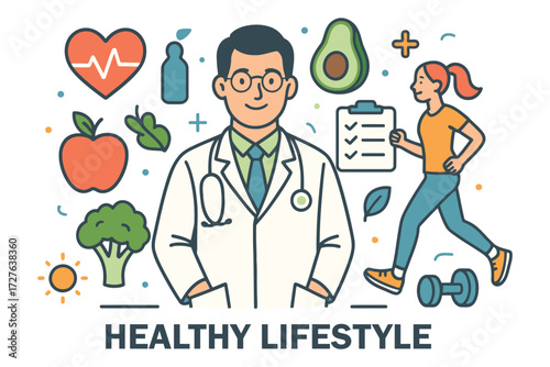 Doctor promoting healthy lifestyle with nutrition and exercise elements
