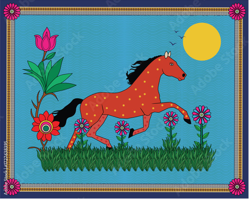 Wildlife and Heritage: Horse Intertwined with Nature's Vines in Traditional Madhubani Art. Madhubani art, Horse art, Indian folk art, Mithila painting.