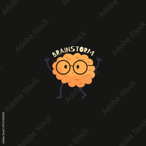 Cartoon Brain Character with Glasses and Brainstorm Text – Creativity Concept