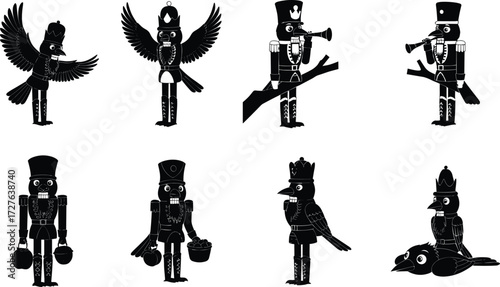 Silhouette vector illustration of nutcracker toy soldier birds in different poses, perched, flying, and standing, isolated on white background design