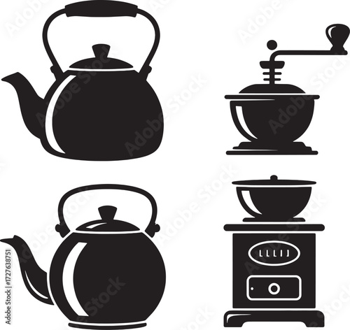 Black silhouette icons of two kettles a coffee grinder and a stove teapot kitchenware