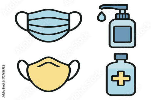 Collection of face masks and hand sanitizer bottles for hygiene and protection