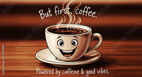 Smiling Coffee Cup Steaming with Positive Energy and Good Vibes, Perfect for Morning Routine or Daily Motivation and a Fresh Start