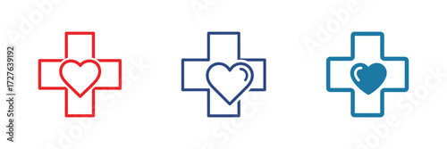 Healthcare love and compassion icons, cross with heart symbols for medical care, charity, donation, and wellness in modern, vibrant designs originally as a vector graphic