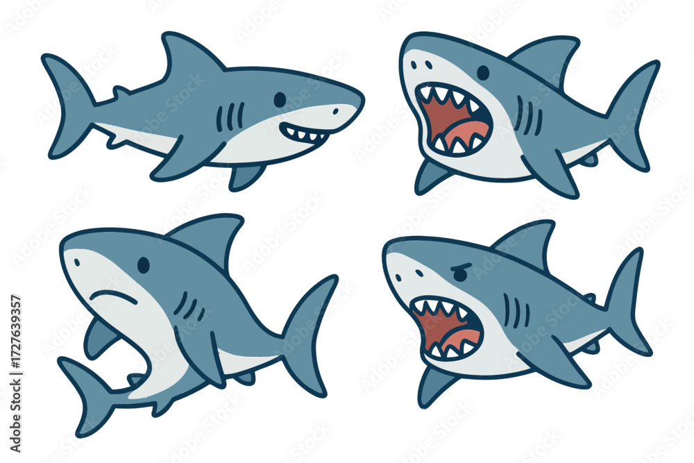 Fototapeta premium Group of Cartoon Sharks with Smiling and Aggressive Expressions on Transparent Background