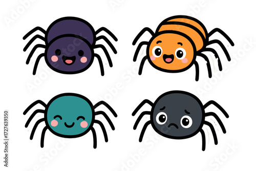 Cute Cartoon Spiders with Happy Sad Faces in Bright Colors on Transparent Background