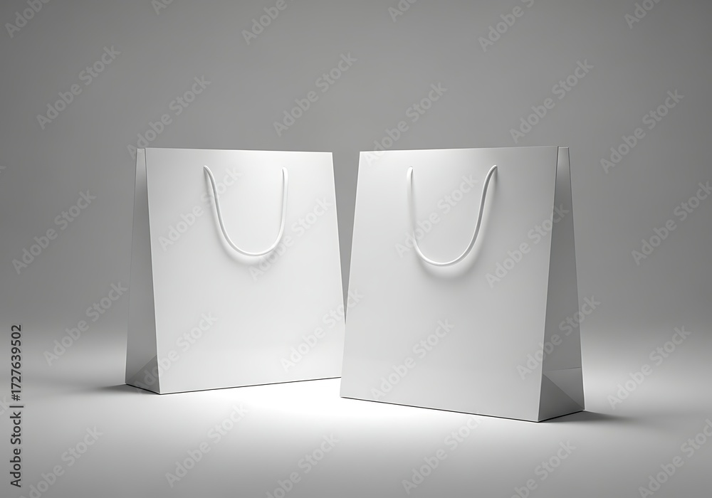 Two blank white paper shopping bags with ribbon handles standing together on a light gray surface isolated on white background
