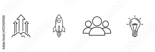Empowering business concepts using innovative ideas, a rocket launch for growth, united teams, and upward success arrows – a modern design for startups and entrepreneurs