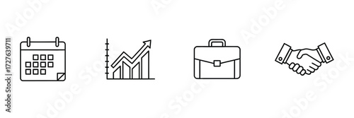 Business growth strategy outlined with calendar, rising graph, briefcase, and handshake icons, symbolizing partnership, scheduling, career, and development plans