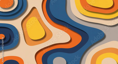 Vibrant abstract background with a 3D paper cut effect, featuring multiple layers of colorful, organic shapes creating a sense of depth and flow