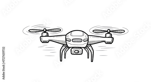 Hand-drawn sketch of a modern quadcopter drone in flight.