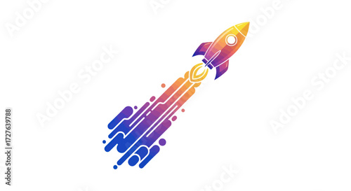 Colorful Rocket Launching Upward with Gradient Trail.