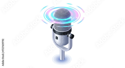 Isometric Illustration of a Modern Microphone with Sound Waves.