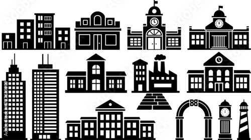 Urban Building Infrastructure Vector Icons – School, Factory, Office, Government, Apartment, Dome, Lighthouse, Archway & Institutional Architecture Silhouettes