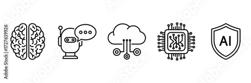 Explore the future of AI with this captivating vector illustration showcasing human brain, robotics, cloud computing, processors and security for innovative tech solutions