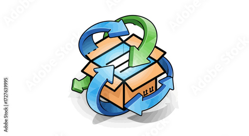 Recycling symbol arrows encircling a cardboard box.