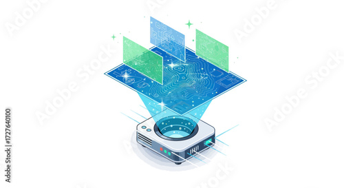 Isometric Projection of a Futuristic Holographic Projector Displaying Data.