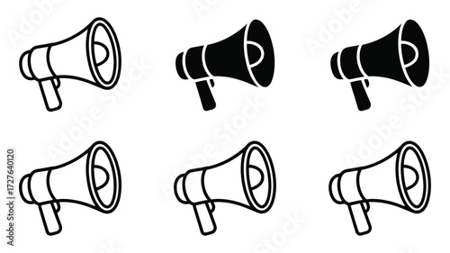 Vector art of a set of six megaphone icons in black and white, representing communication, announcement, and promotion