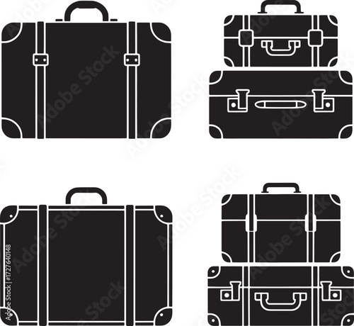 Black silhouette vintage suitcases and luggage stacked and separate travel retro
