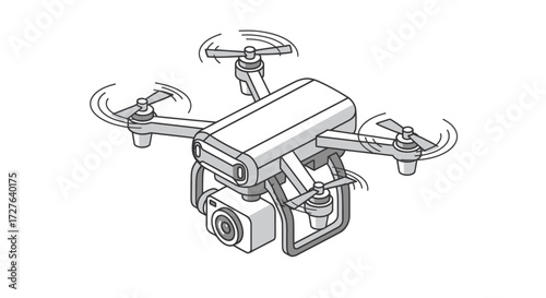 Detailed Line Drawing of a Quadcopter Drone with Camera.