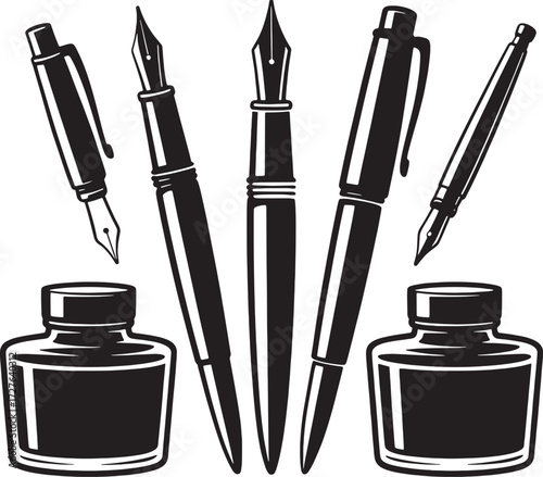 Collection of black and white fountain pens and ink bottles writing stationery