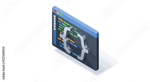 Isometric programming window icon with a code editor and curly braces symbol.