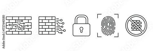 Robust cybersecurity icons showcase network protection, biometric access, and firewall defense for enhanced data safety and secure digital infrastructure designs