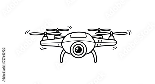 A simple black and white doodle illustration of a flying quadcopter camera drone.