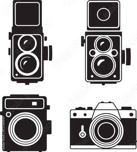 Four black and white silhouette icons of vintage cameras on a white background photography