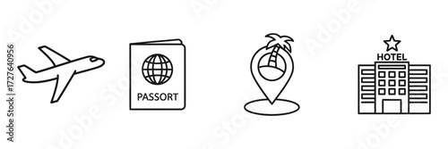 Plan your dream vacation escape! Airline, passport, tropical island destination, and hotel icons promise adventure and relaxation, inspiring wanderlust and unforgettable memories