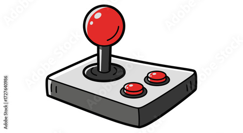 Classic retro arcade joystick with a red ball-top handle and two push buttons.