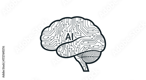 Conceptual illustration of Artificial Intelligence featuring a human brain with an integrated circuit board pattern.