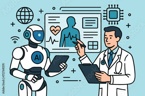 Doctor and ai robot collaborate on futuristic medical data analysis and diagnosis