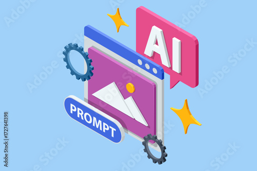 Isometric illustration of AI prompt generation with gears and abstract interface window. Concept of artificial intelligence, creative automation and digital design.
