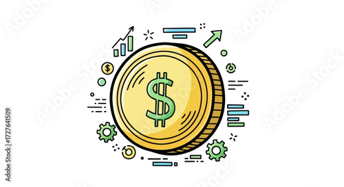 Cartoon Illustration of a Gold Coin with Dollar Sign.