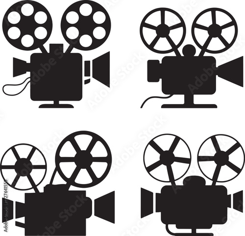 Four black silhouette vintage film projectors on white background vintage projector movie camera 1