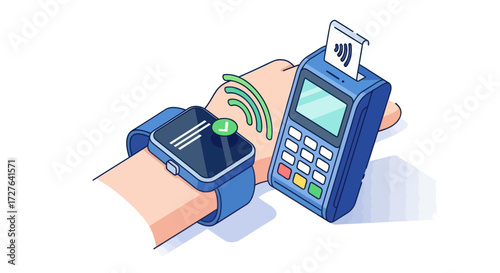 Smartwatch contactless payment transaction with credit card terminal.