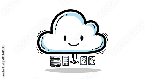 Happy cartoon cloud computing server data storage network illustration.