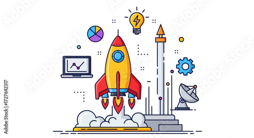 Cartoon Rocket Launching with Flames and Supporting Elements.